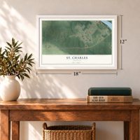 St. Charles, Arkansas map, 12 x 18 inch print in a white frame in an entryway