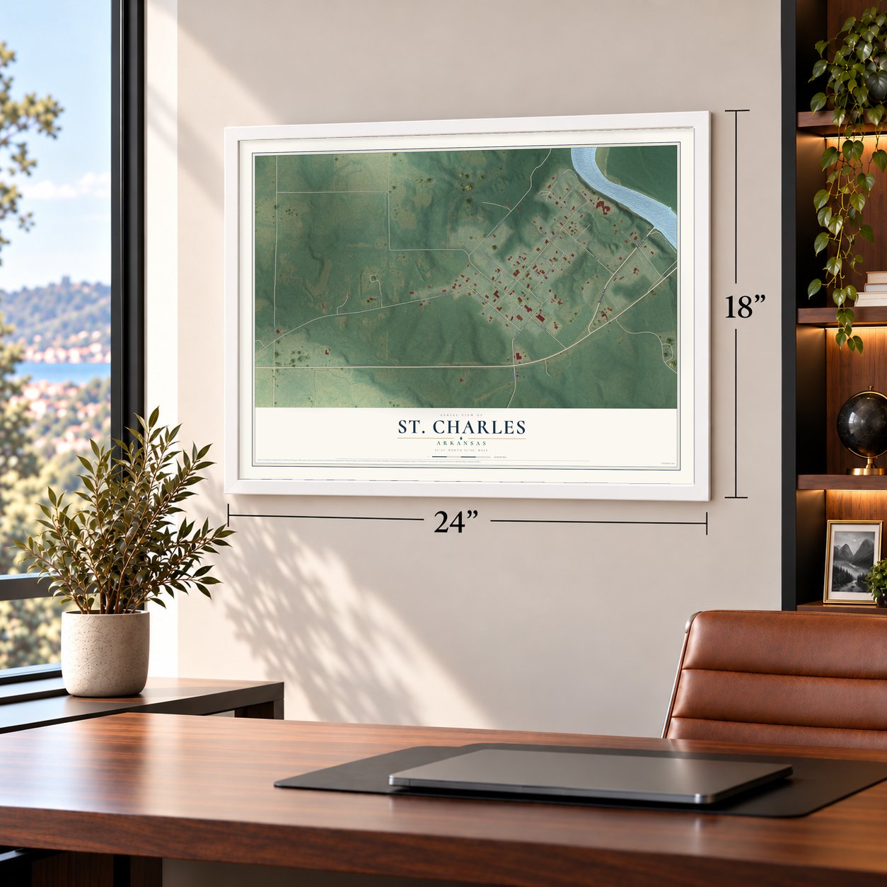 St. Charles, Arkansas map, 18 x 24 inch print in a white frame in a home office