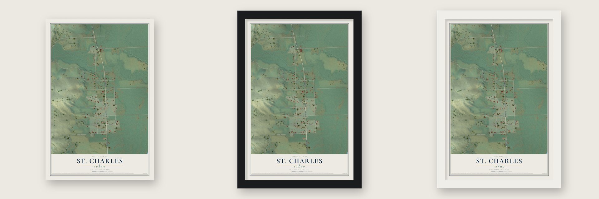 St. Charles, Idaho map unframed, in a black wood frame and in a white wood frame