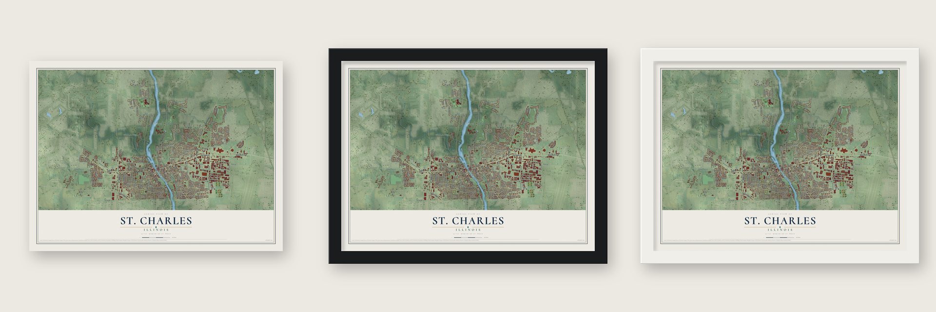 St. Charles, Illinois map unframed, in a black wood frame and in a white wood frame