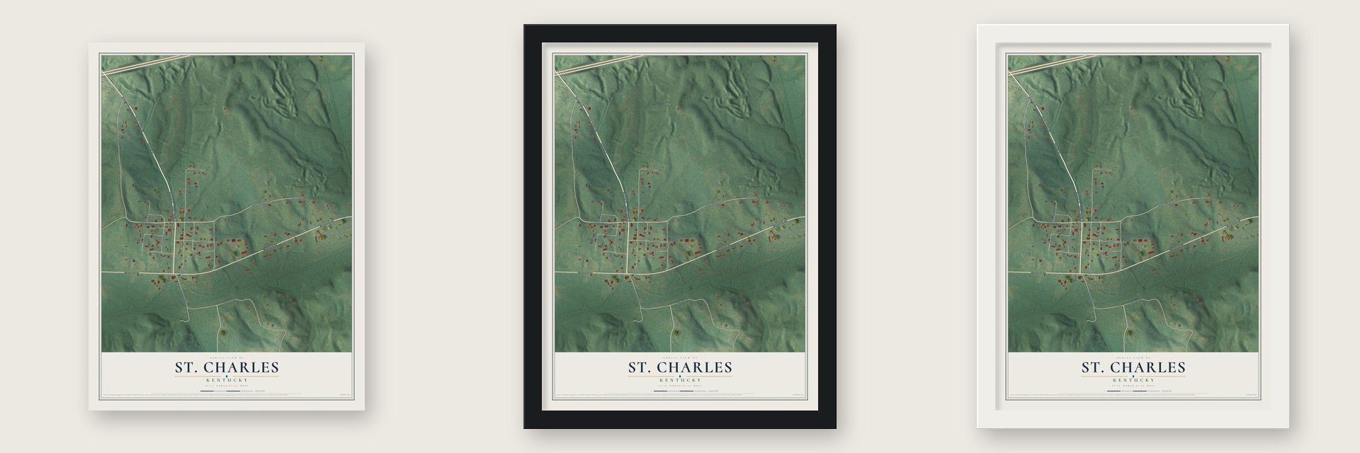 St. Charles, Kentucky map unframed, in a black wood frame and in a white wood frame