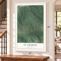 St. Charles, Kentucky map, 24 x 36 inch print in a white frame by a staircase