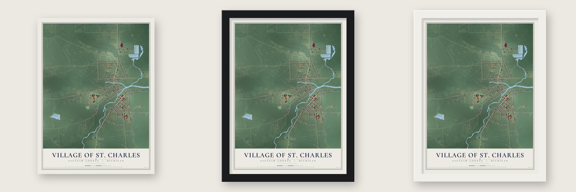 St. Charles, Michigan map unframed, in a black wood frame and in a white wood frame