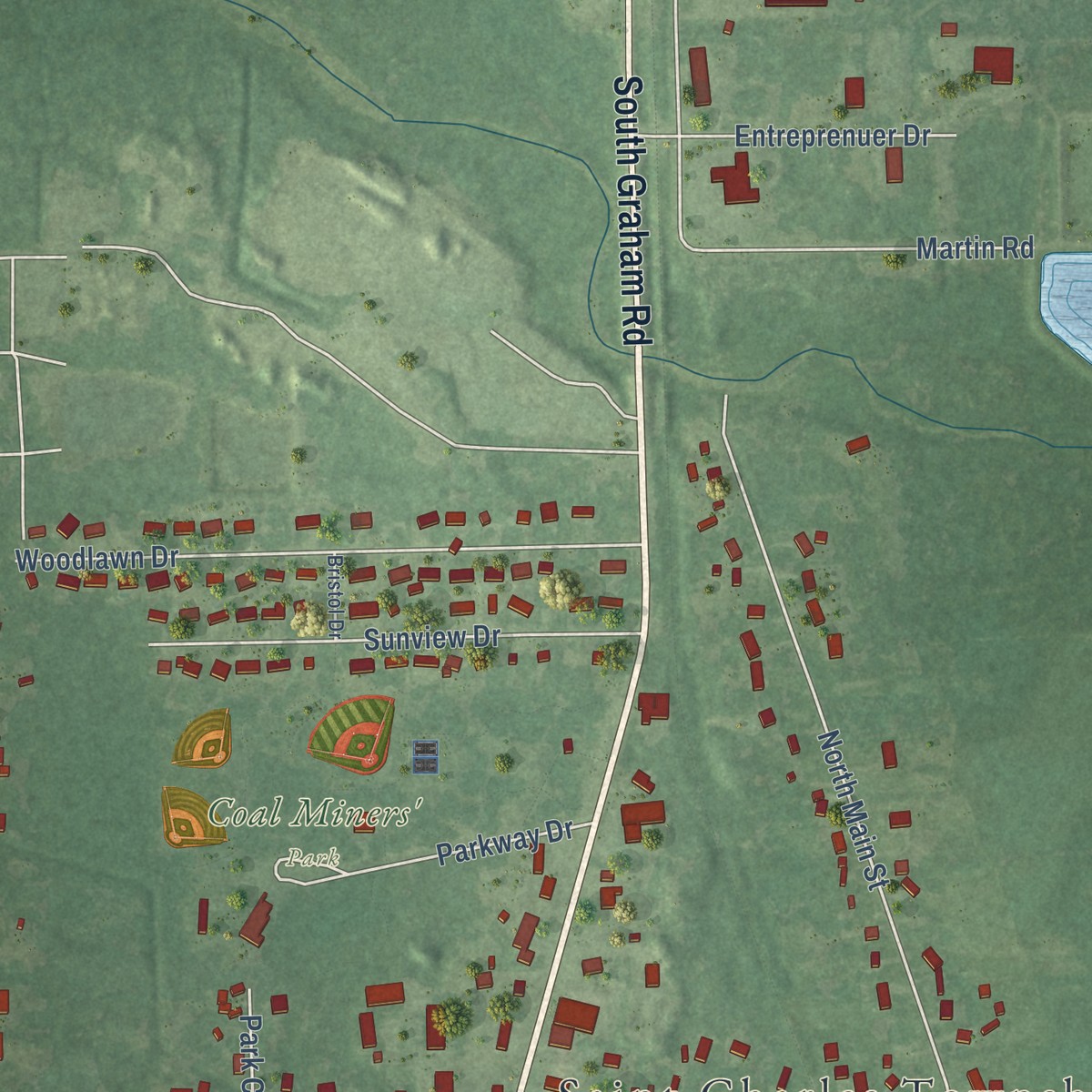 Second close-up of the map of St. Charles, Michigan print showing more streets and buildings