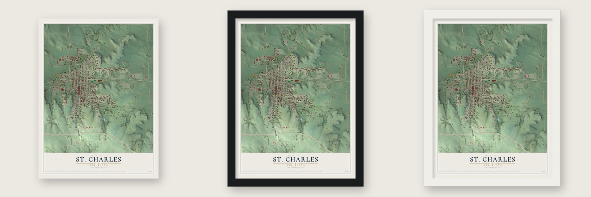 St. Charles, Minnesota map unframed, in a black wood frame and in a white wood frame