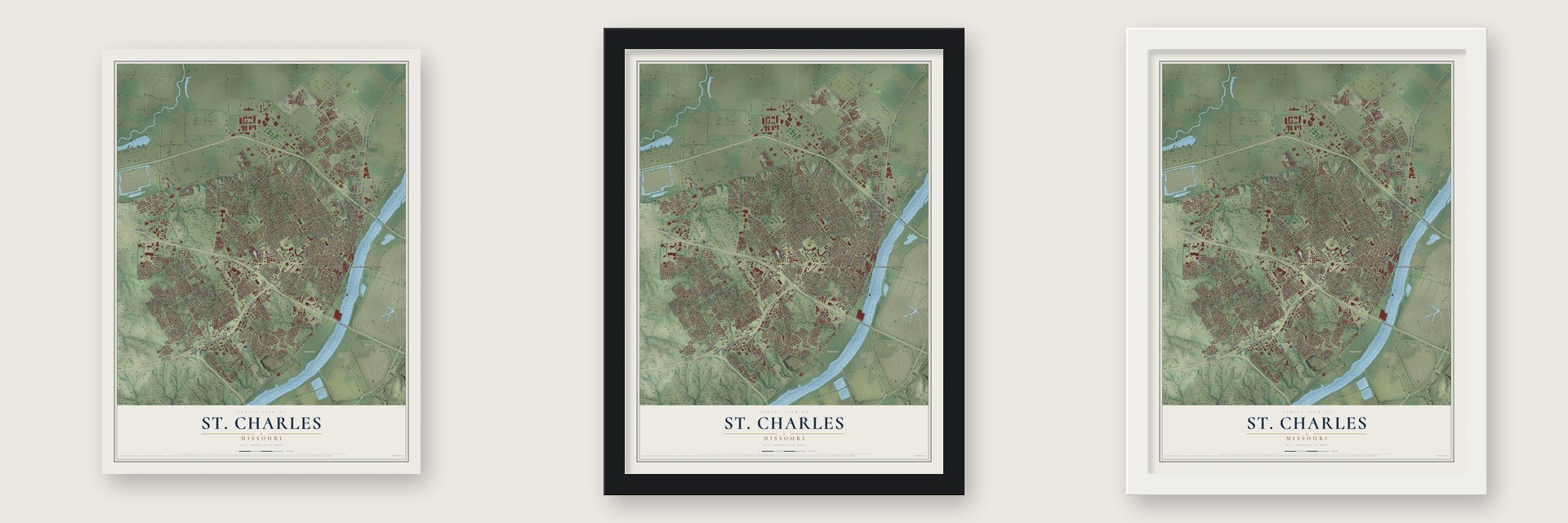 St. Charles, Missouri map unframed, in a black wood frame and in a white wood frame