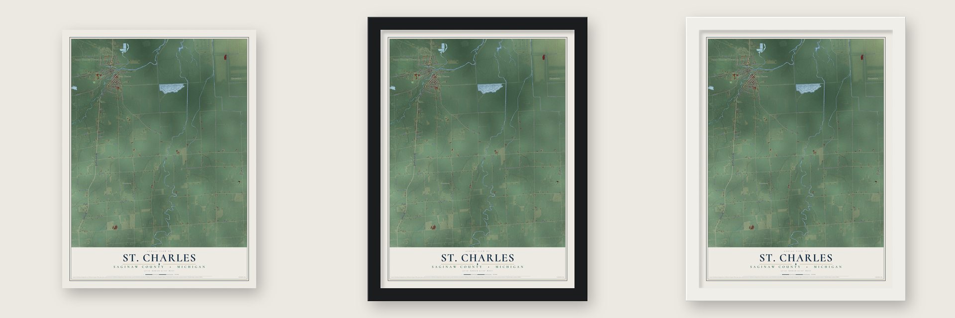 St. Charles, Saginaw County, Michigan map unframed, in a black wood frame and in a white wood frame