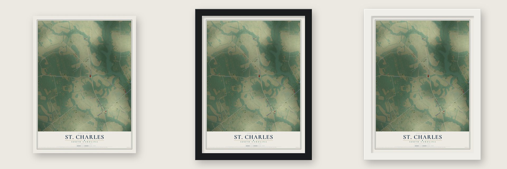 St. Charles, South Carolina map unframed, in a black wood frame and in a white wood frame