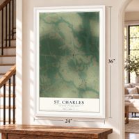 St. Charles, South Carolina map, 24 x 36 inch print in a white frame by a staircase