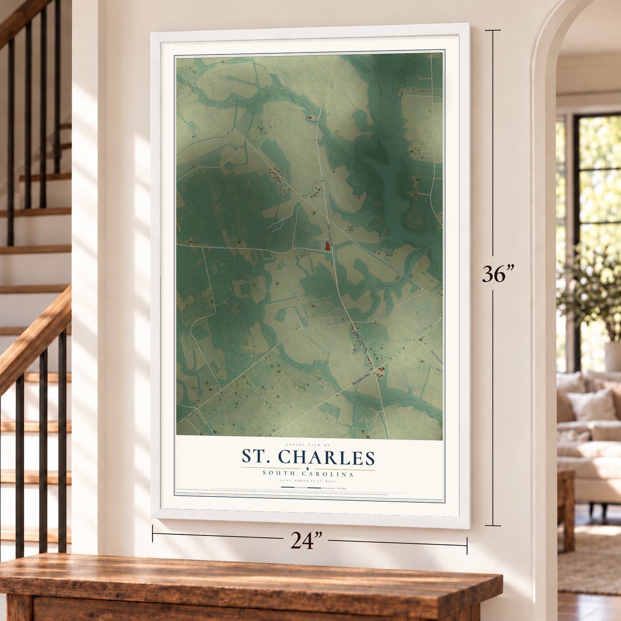 St. Charles, South Carolina map, 24 x 36 inch print in a white frame by a staircase