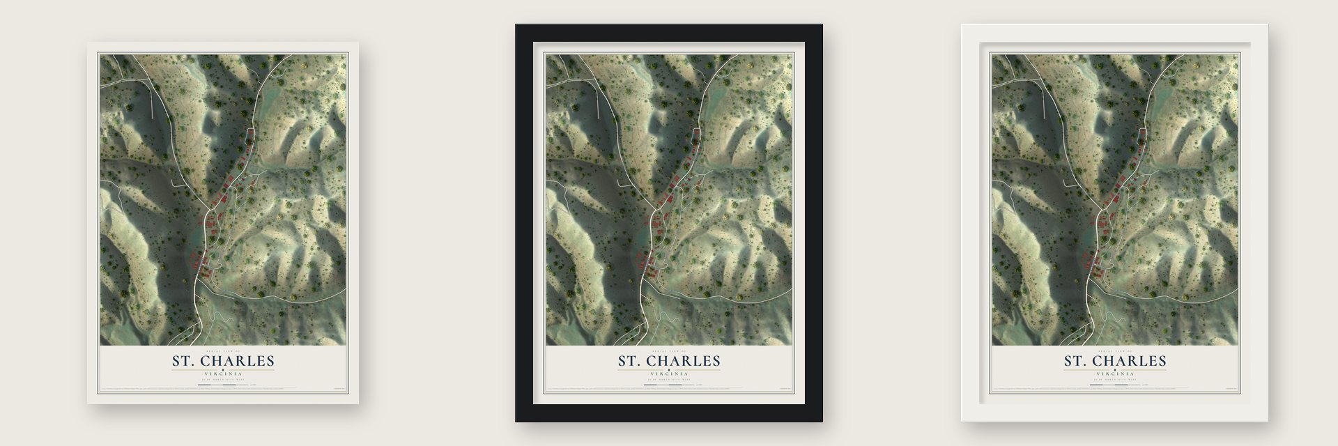 St. Charles, Virginia map unframed, in a black wood frame and in a white wood frame
