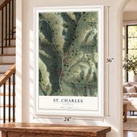St. Charles, Virginia map, 24 x 36 inch print in a white frame by a staircase