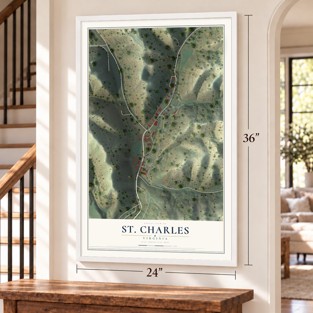 St. Charles, Virginia map, 24 x 36 inch print in a white frame by a staircase