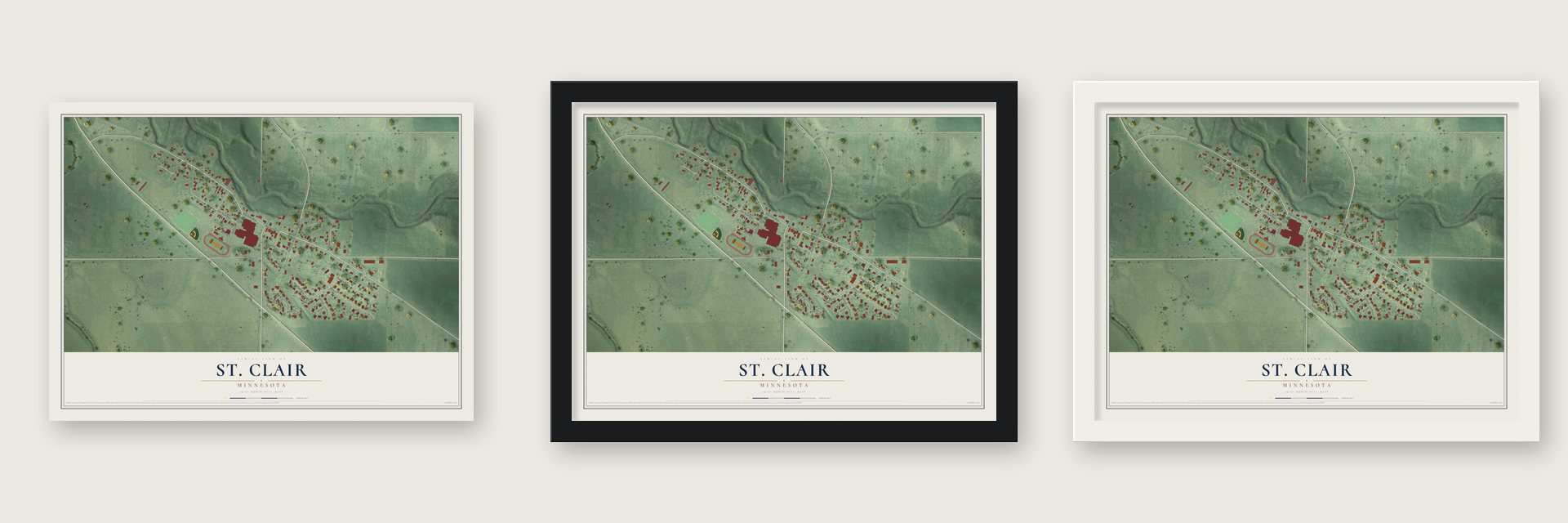 St. Clair, Minnesota map unframed, in a black wood frame and in a white wood frame