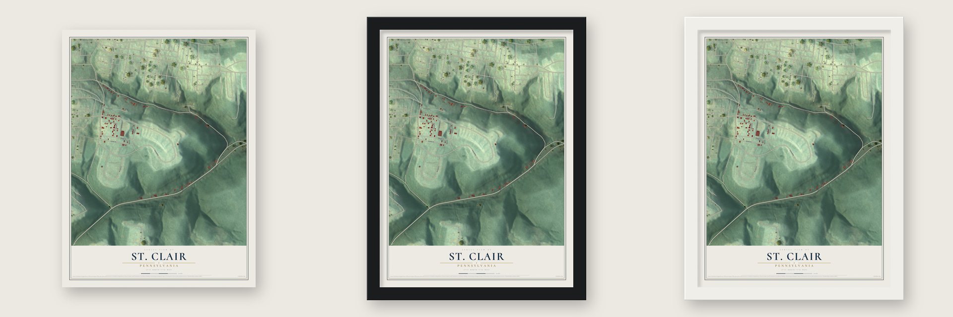 St. Clair, Pennsylvania map unframed, in a black wood frame and in a white wood frame