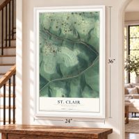 St. Clair, Pennsylvania map, 24 x 36 inch print in a white frame by a staircase