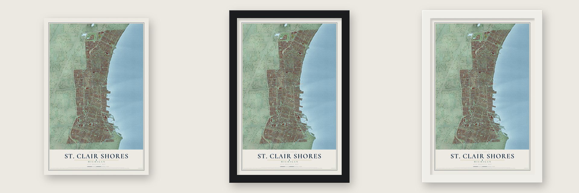 St. Clair Shores, Michigan map unframed, in a black wood frame and in a white wood frame