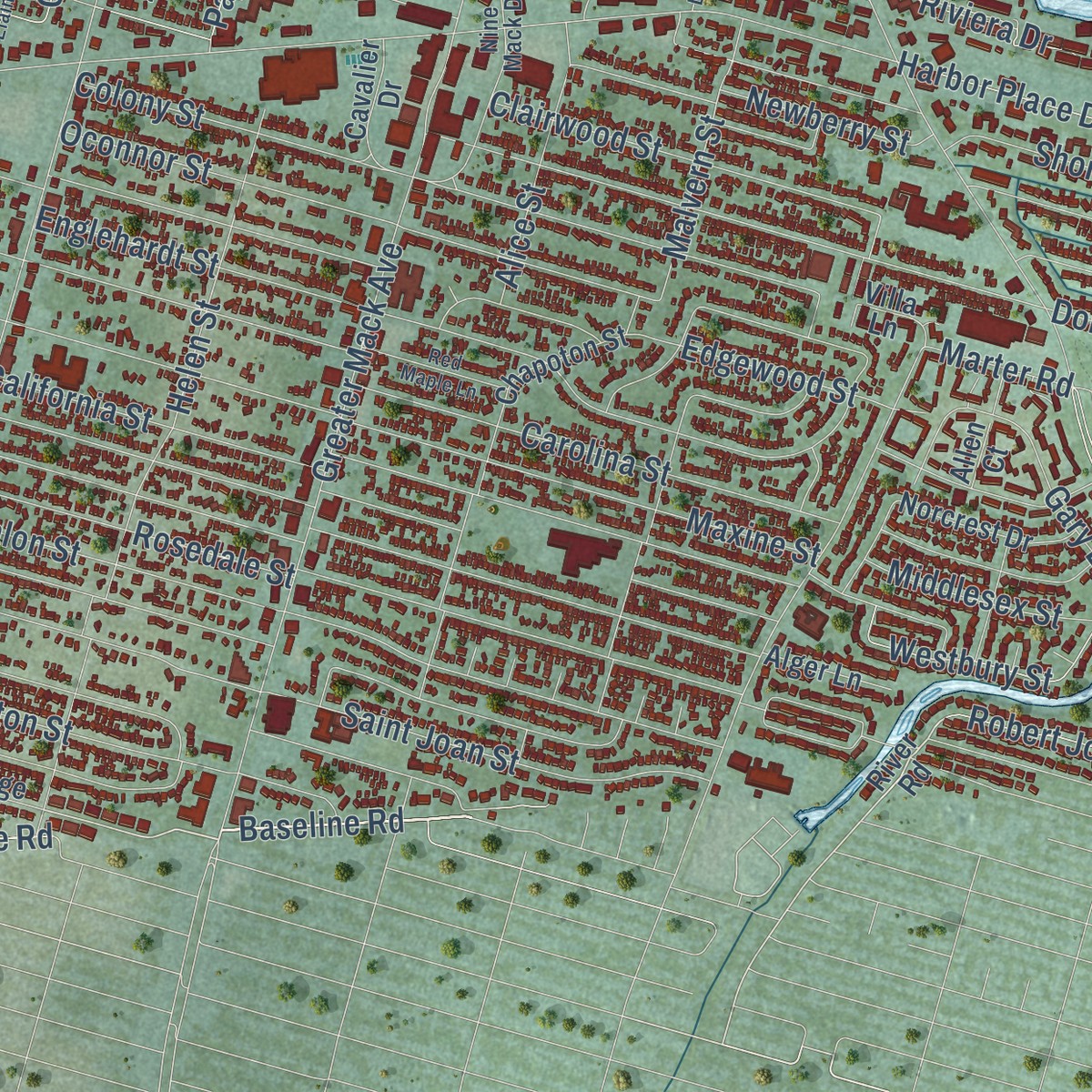 Second close-up of the map of St. Clair Shores, Michigan print showing more streets and buildings