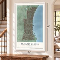 St. Clair Shores, Michigan map, 24 x 36 inch print in a white frame by a staircase