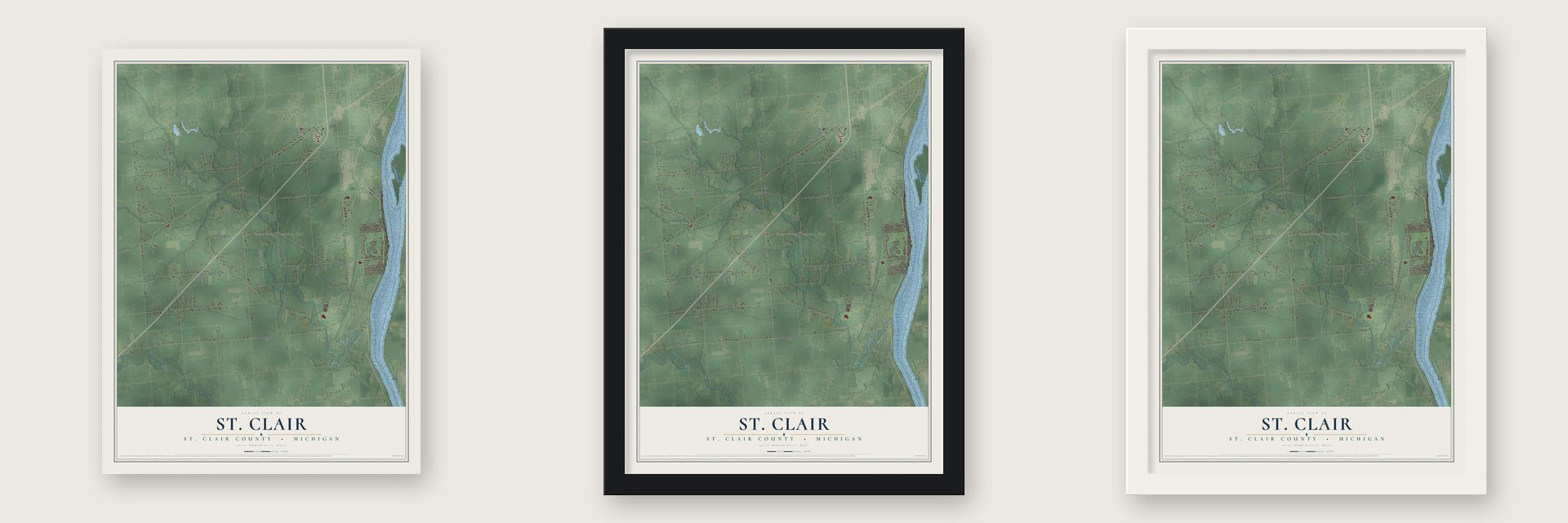 St. Clair, St. Clair County, Michigan map unframed, in a black wood frame and in a white wood frame