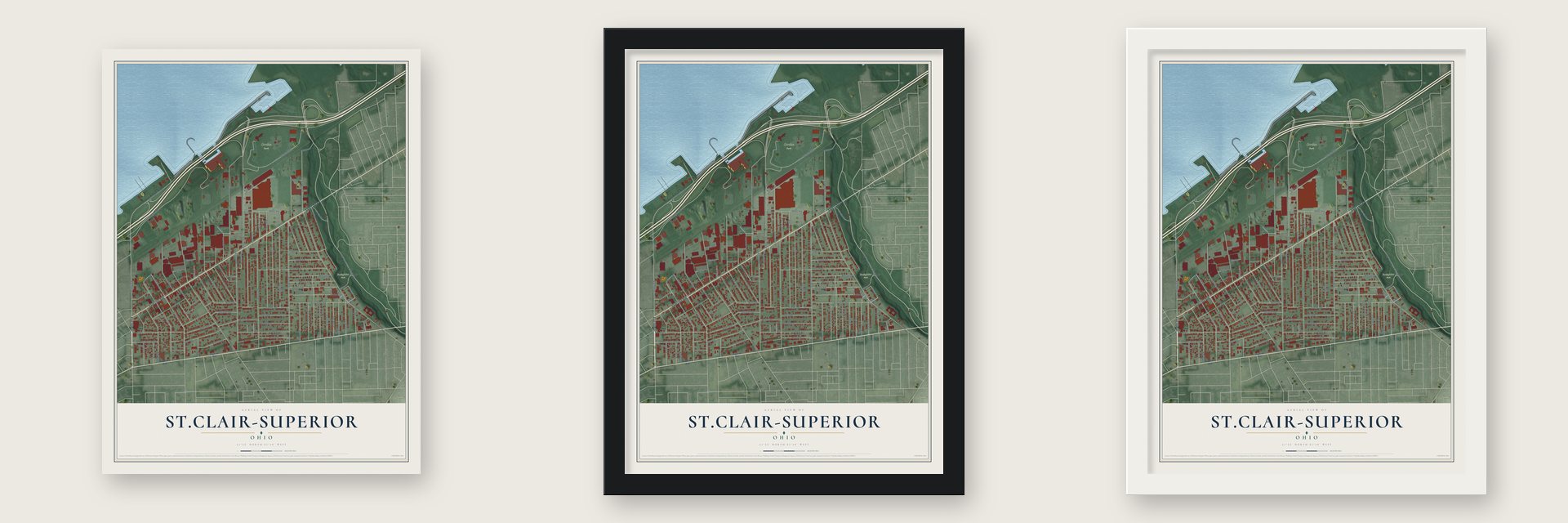 St.Clair-Superior, Ohio map unframed, in a black wood frame and in a white wood frame