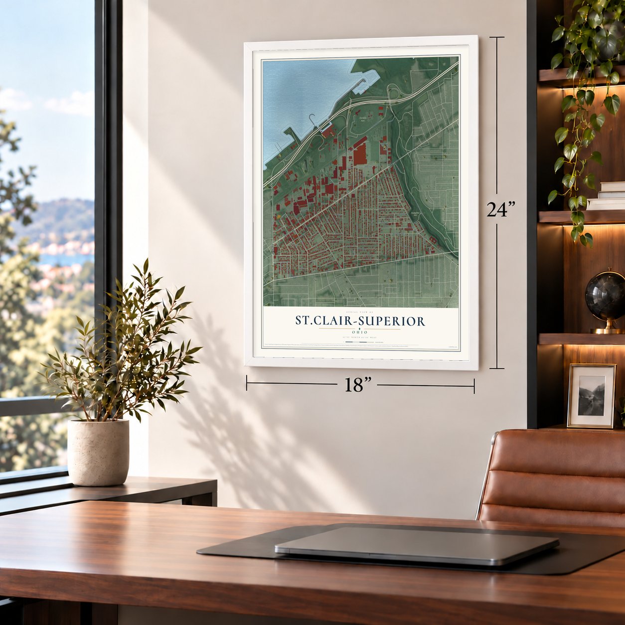St.Clair-Superior, Ohio map, 18 x 24 inch print in a white frame in a home office