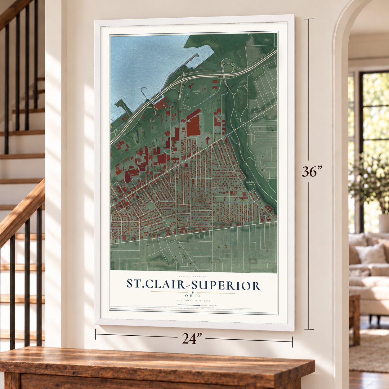 St.Clair-Superior, Ohio map, 24 x 36 inch print in a white frame by a staircase