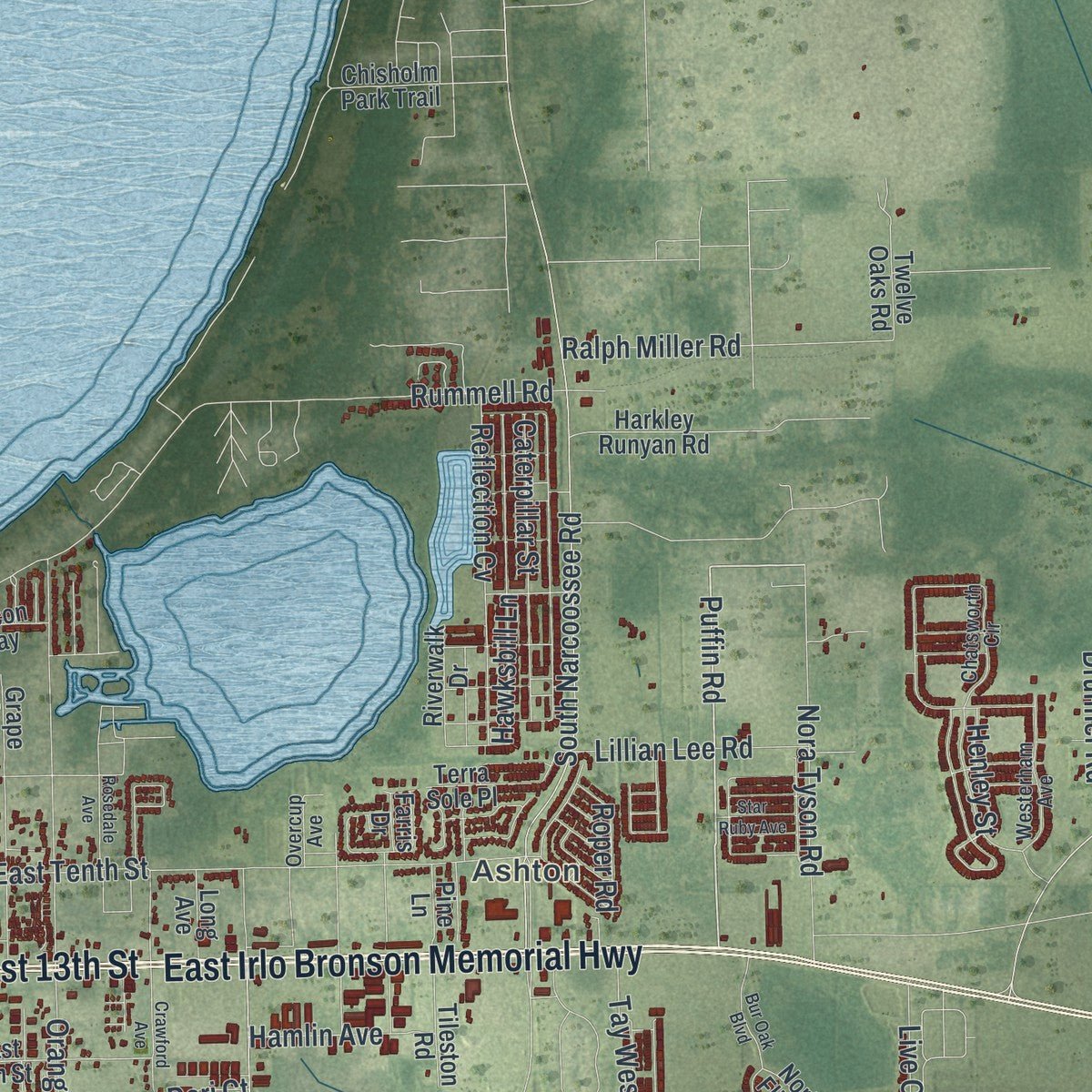 Second close-up of the map of St. Cloud, Florida print showing more streets and buildings