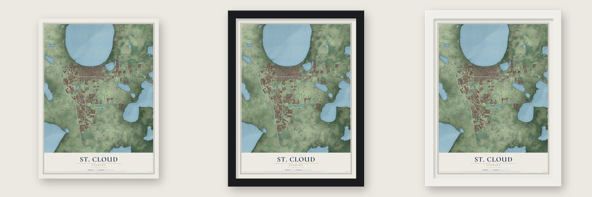 St. Cloud, Florida map unframed, in a black wood frame and in a white wood frame