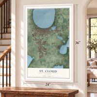 St. Cloud, Florida map, 24 x 36 inch print in a white frame by a staircase