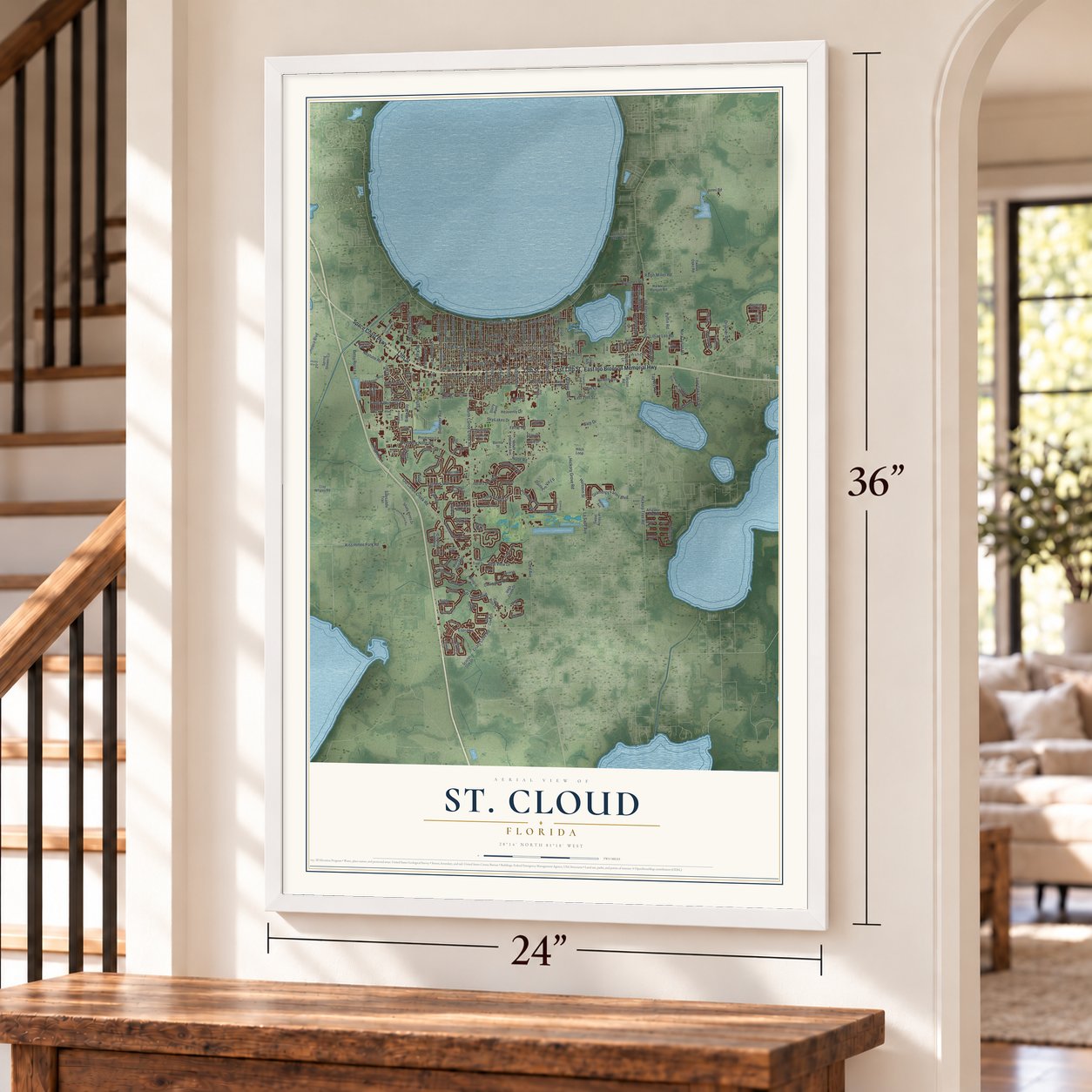 St. Cloud, Florida map, 24 x 36 inch print in a white frame by a staircase