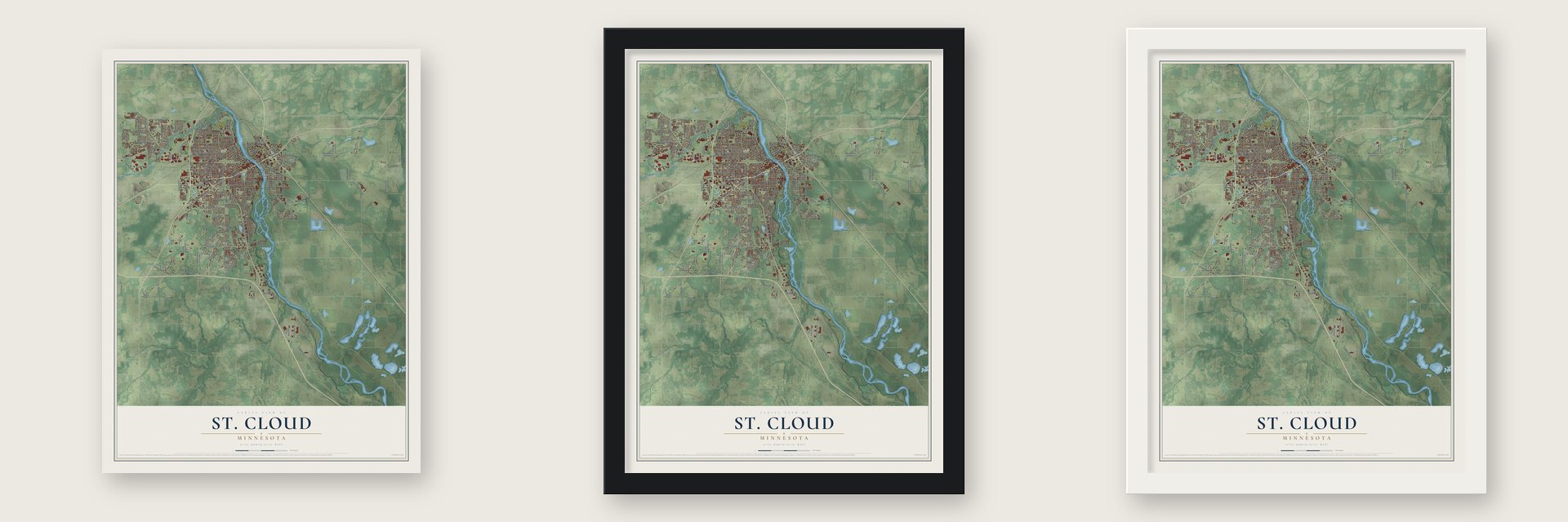 St. Cloud, Minnesota map unframed, in a black wood frame and in a white wood frame