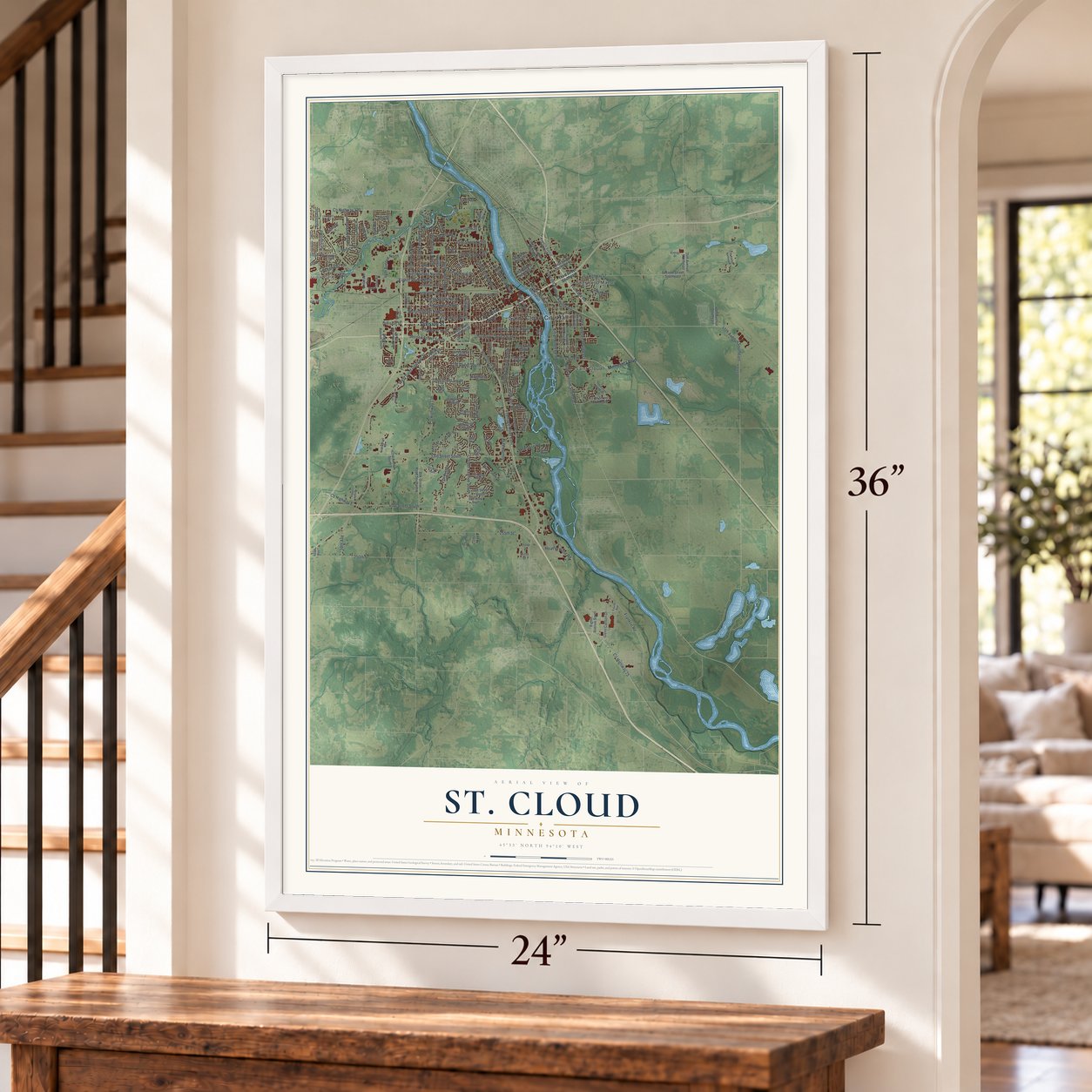 St. Cloud, Minnesota map, 24 x 36 inch print in a white frame by a staircase