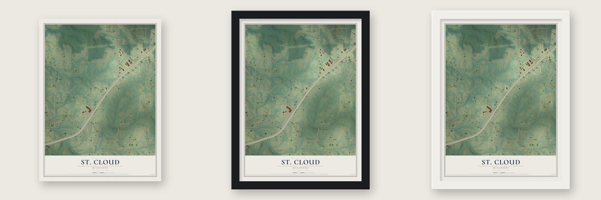 St. Cloud, Missouri map unframed, in a black wood frame and in a white wood frame