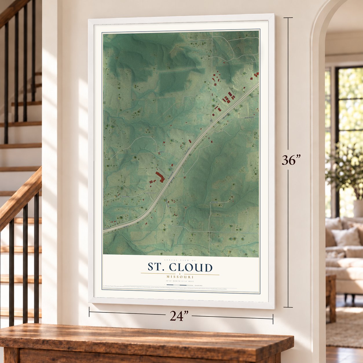 St. Cloud, Missouri map, 24 x 36 inch print in a white frame by a staircase