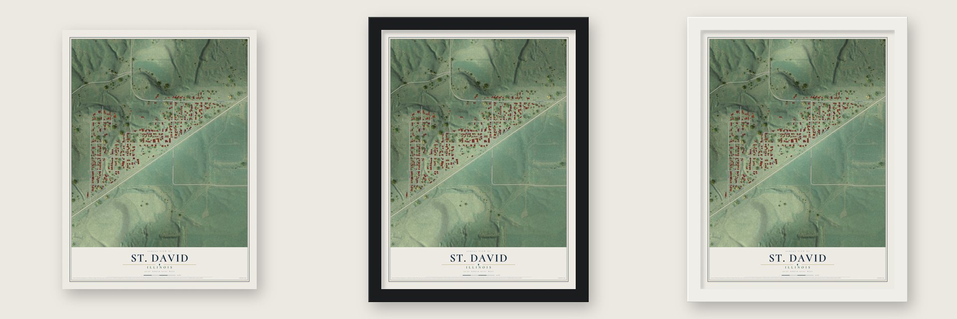 St. David, Illinois map unframed, in a black wood frame and in a white wood frame