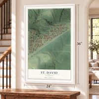 St. David, Illinois map, 24 x 36 inch print in a white frame by a staircase