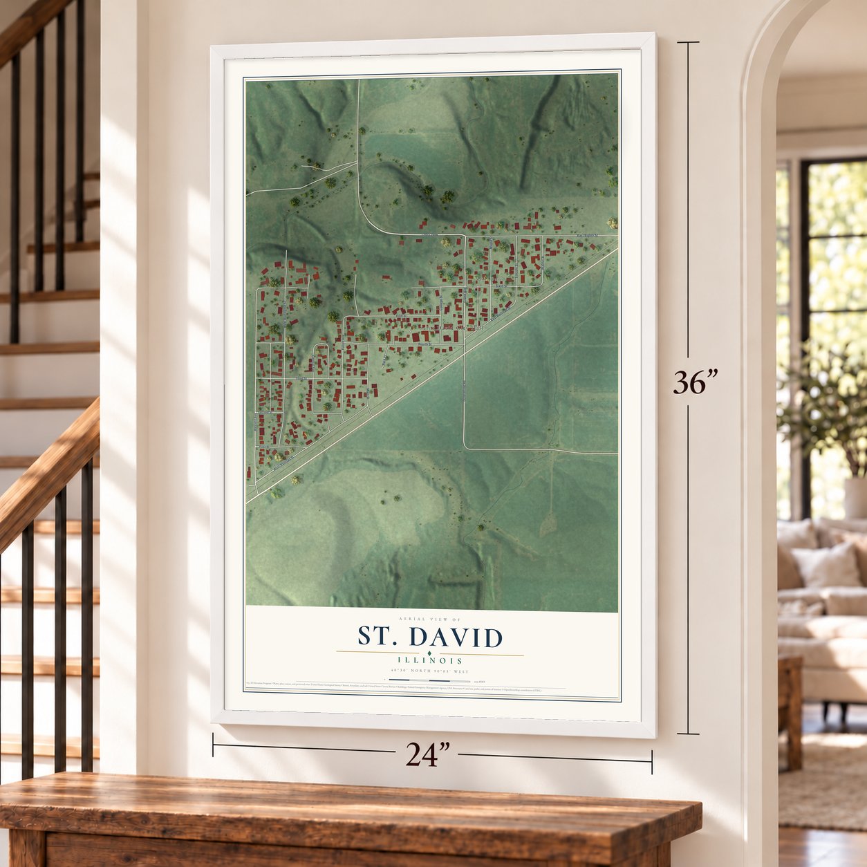 St. David, Illinois map, 24 x 36 inch print in a white frame by a staircase