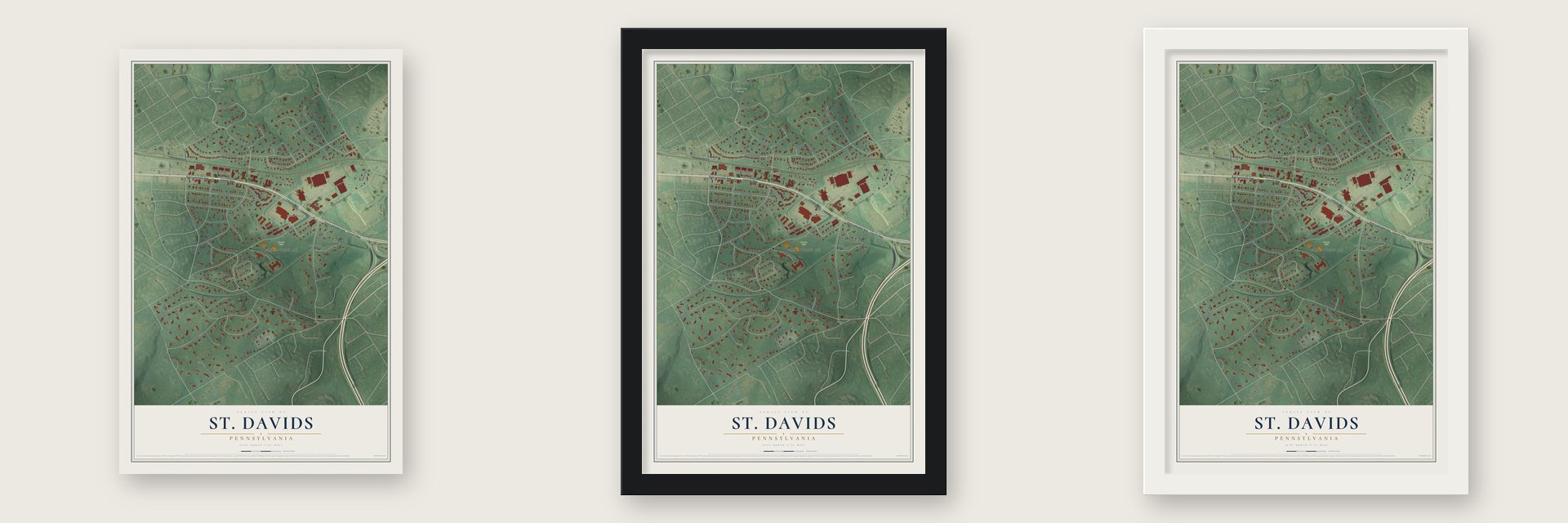 St. Davids, Pennsylvania map unframed, in a black wood frame and in a white wood frame