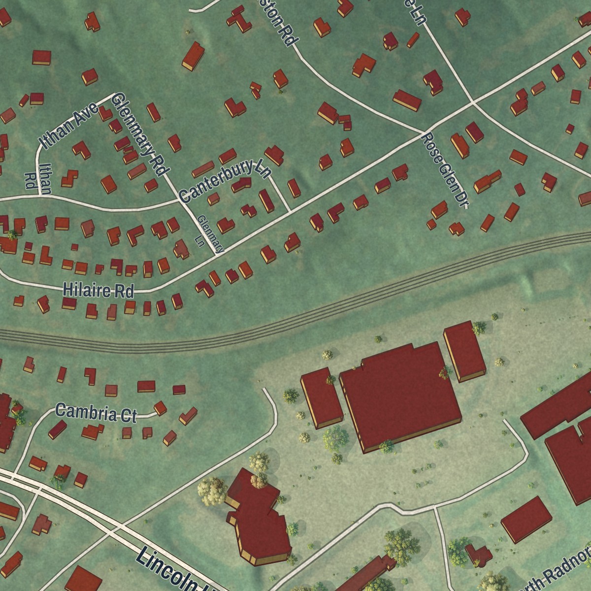 Second close-up of the map of St. Davids, Pennsylvania print showing more streets and buildings