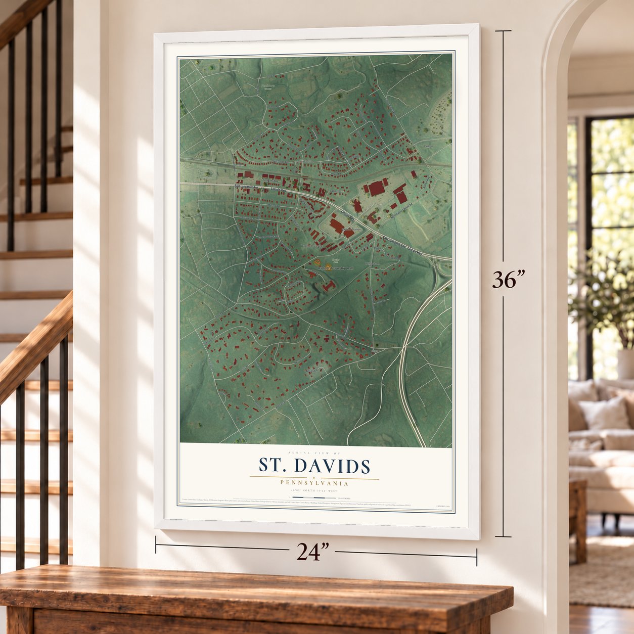St. Davids, Pennsylvania map, 24 x 36 inch print in a white frame by a staircase