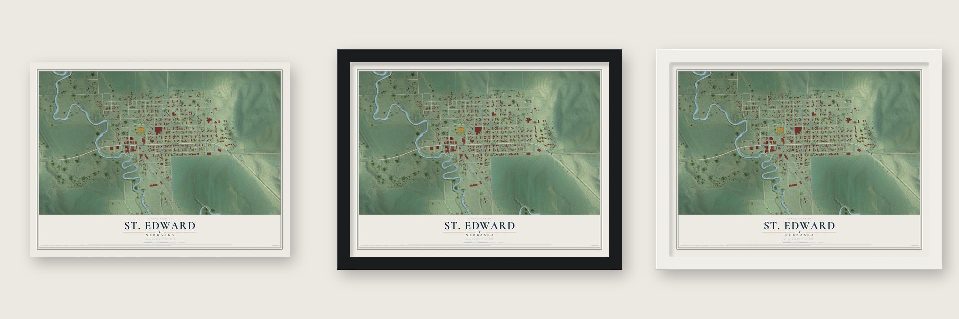 St. Edward, Nebraska map unframed, in a black wood frame and in a white wood frame