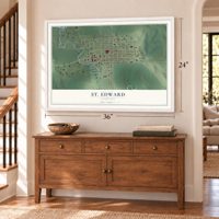 St. Edward, Nebraska map, 24 x 36 inch print in a white frame above a dresser by a staircase