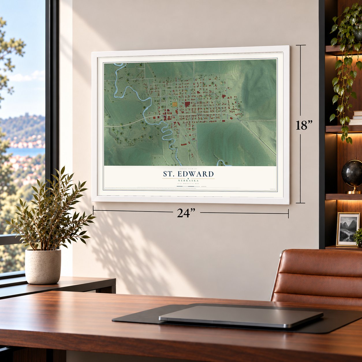 St. Edward, Nebraska map, 18 x 24 inch print in a white frame in a home office