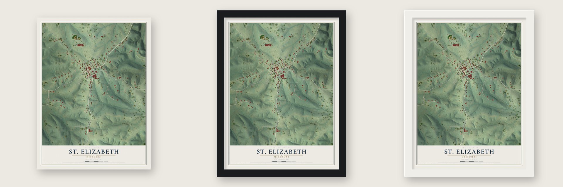St. Elizabeth, Missouri map unframed, in a black wood frame and in a white wood frame