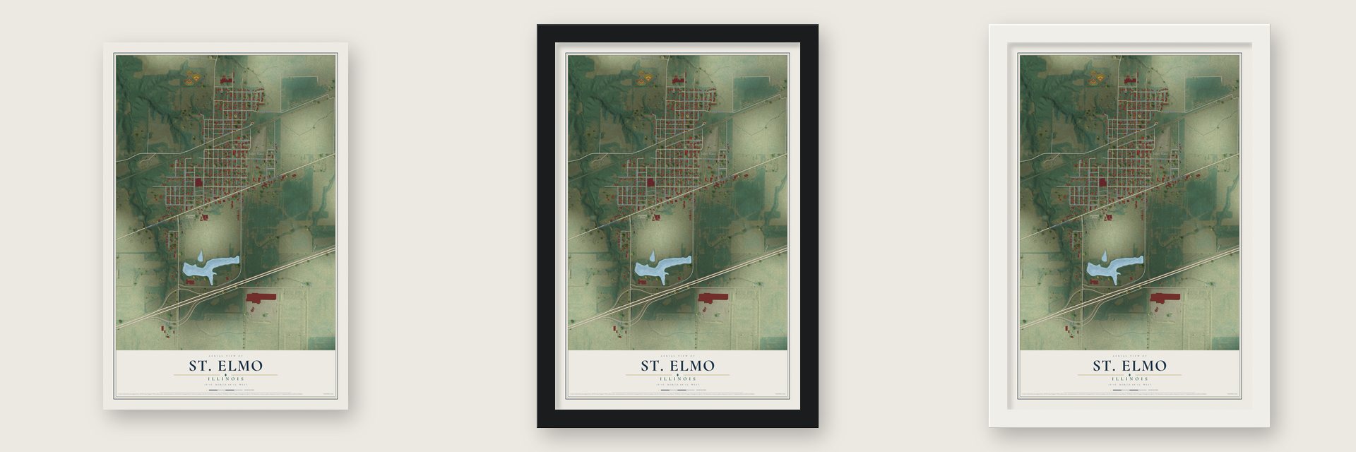 St. Elmo, Illinois map unframed, in a black wood frame and in a white wood frame