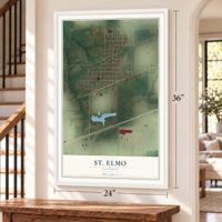 St. Elmo, Illinois map, 24 x 36 inch print in a white frame by a staircase