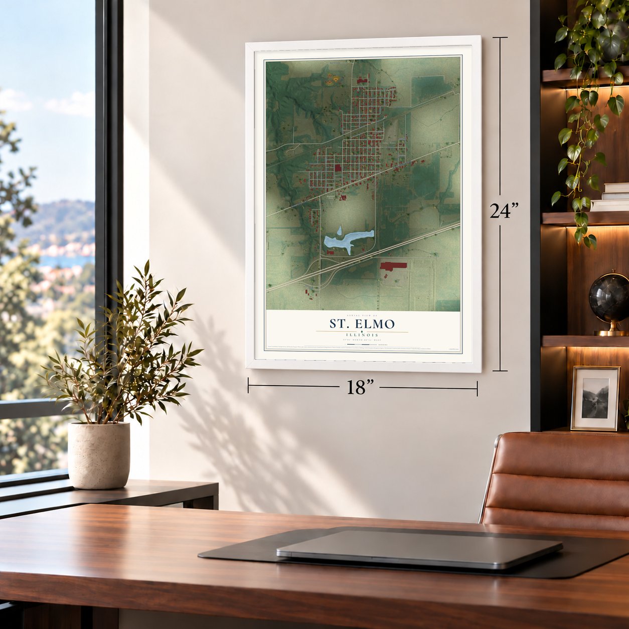 St. Elmo, Illinois map, 18 x 24 inch print in a white frame in a home office