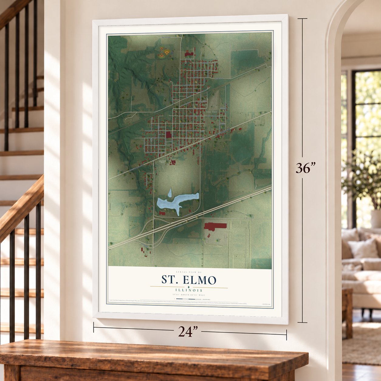 St. Elmo, Illinois map, 24 x 36 inch print in a white frame by a staircase