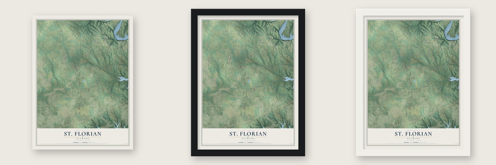 St. Florian, Alabama map unframed, in a black wood frame and in a white wood frame